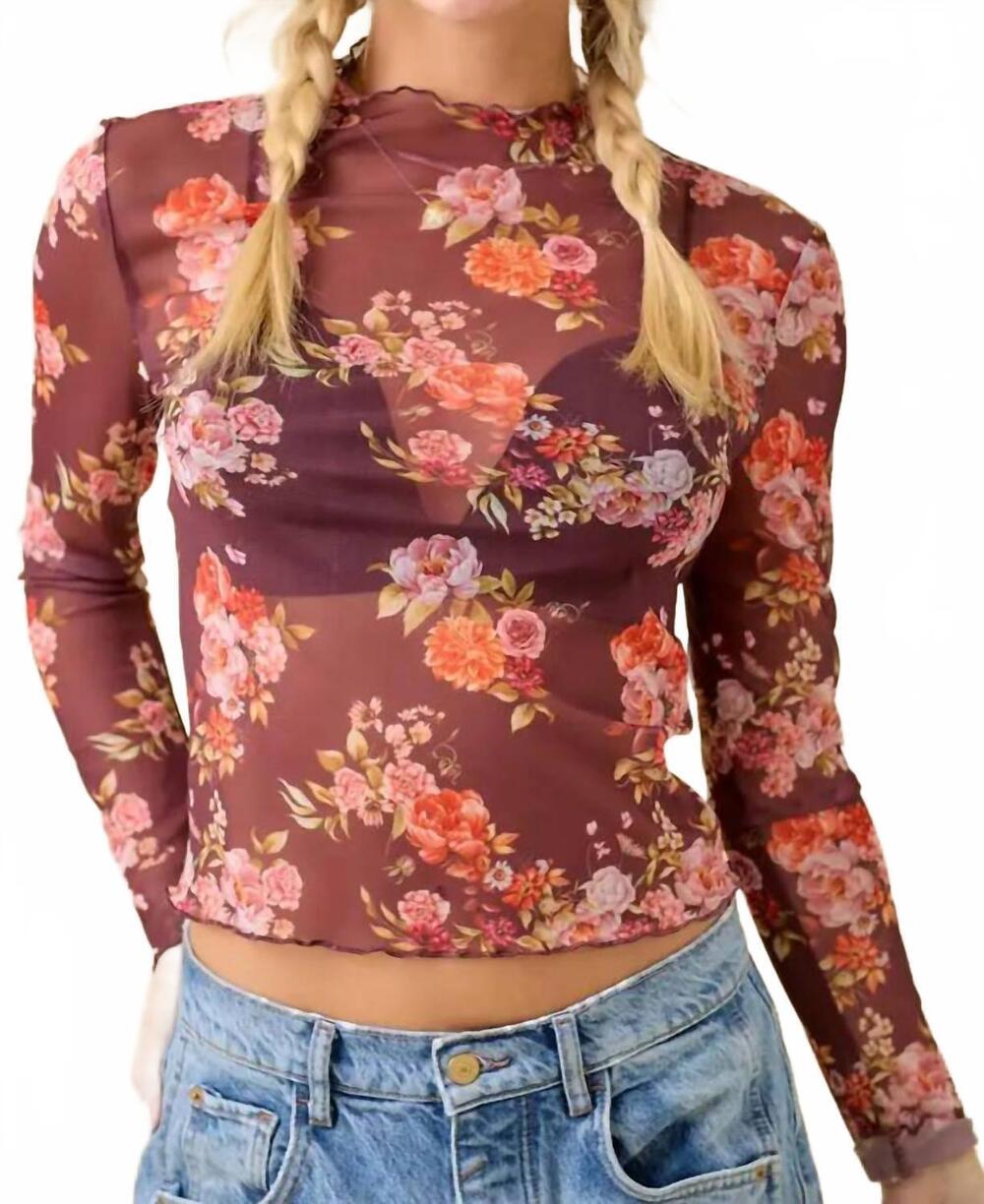 NEW MAIN STRIP floral printed long sleeve mesh top in burgundy